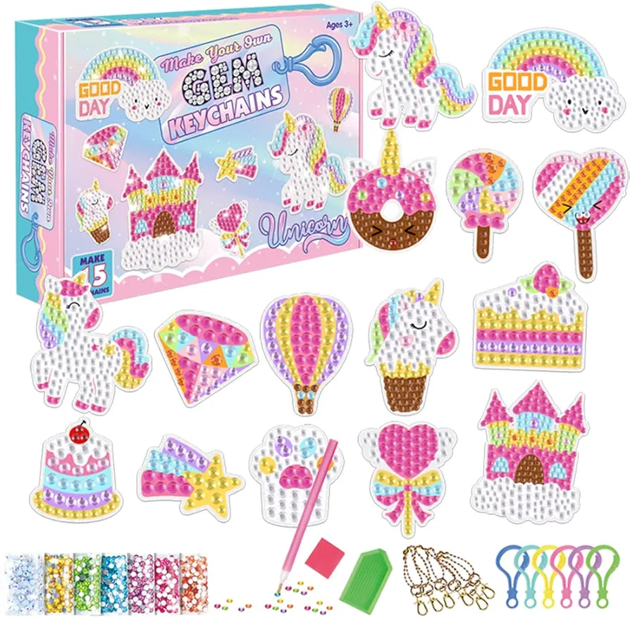 kungerlly 15 PCS Arts and Crafts GEM Keychains for Kids Ages 8-12,Diamond Painting Keychains Kits by Number,Mosaic Toys and Gifts for Girls Ages 3-5 4-6 6-8 (Unicorn Donut Set)