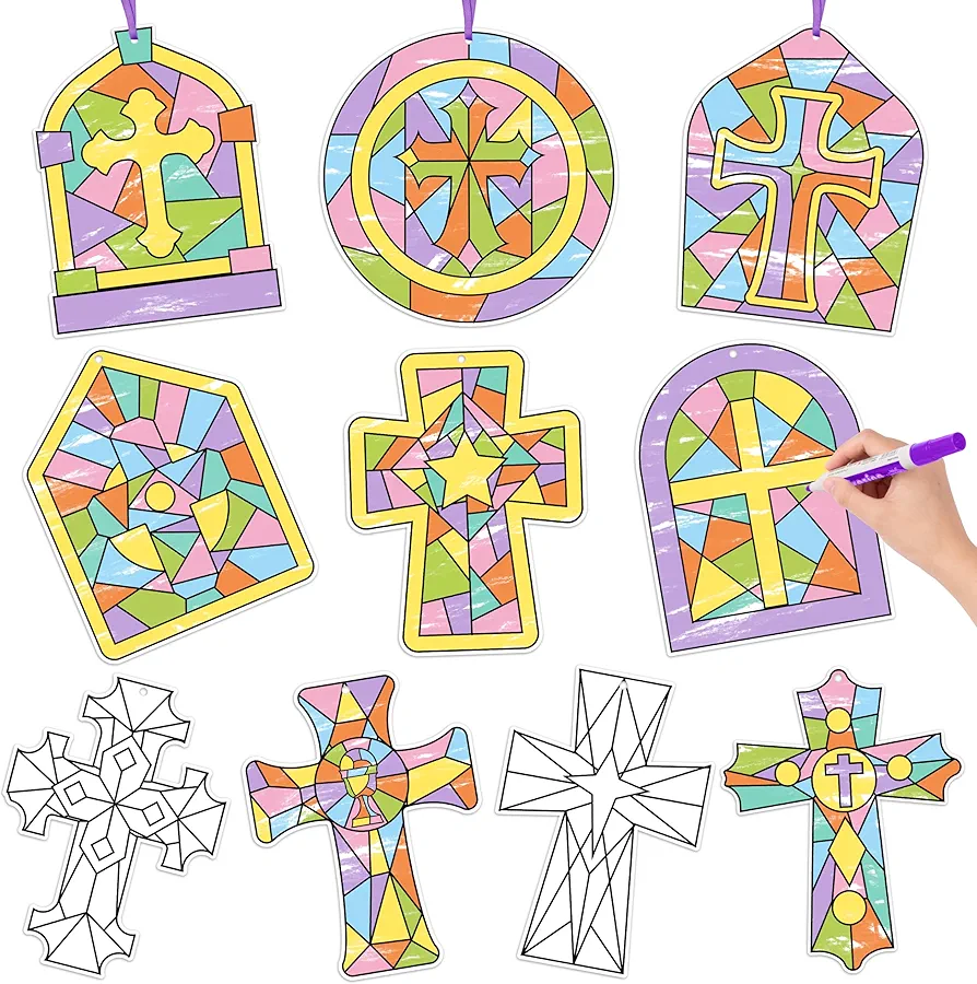 BeYumi Coloring Cross Craft Kit - 83Pcs Color Your Own Cross Kit for Kids Sunday School Christian Religious DIY Coloring Craft Kit Coloring Geometric Cross Card Classroom Church Easter Party Art Craft