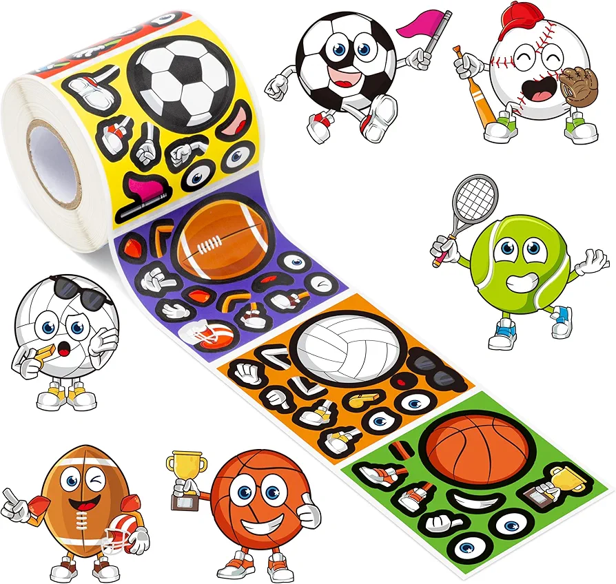 Haooryx 300pcs Make Your Own Ball Sports Scene Sticker Roll Make A Cartoon Basketball Soccer Football Baseball Face Sticker Decals Cute Mix and Match Ball Sports DIY Sticker School Reward for Kids