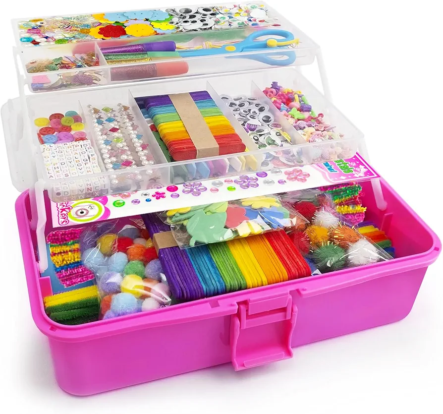 4U4EVER 3000 Kid's Arts and Crafts Supplies Girls' Ultimate Arts and Crafts Supplies Set Portable 3-Layer Plastic Art Box （Rose）
