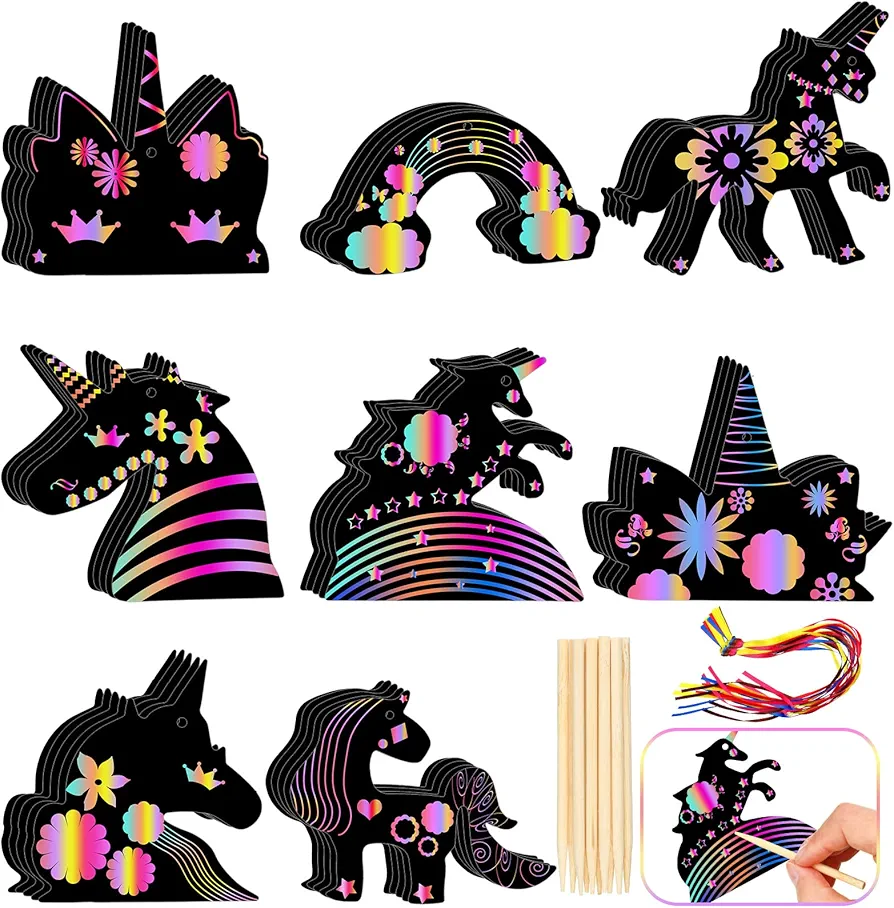 Yinder 48 Pcs Unicorn Scratch Craft Ornaments Set, Scratch Cards Art, Unicorn Birthday Decorations, Unicorn Party Favors, Unicorn Craft with Ribbon and Wood Stylus, School Crafts Supplies