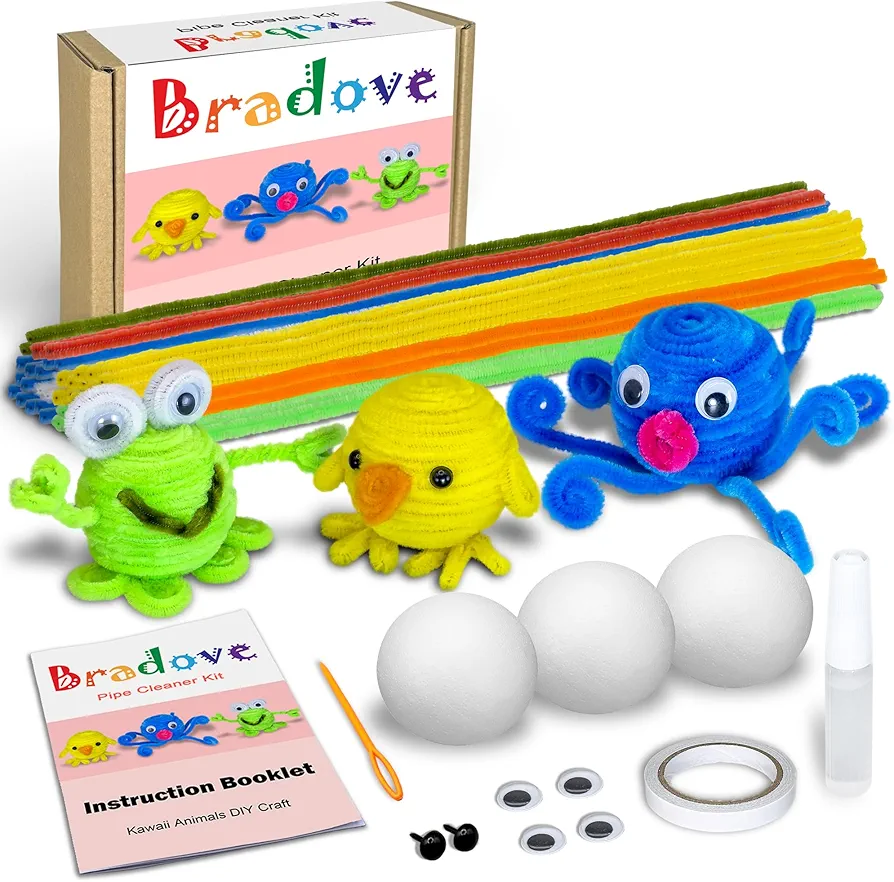 Bradove Craft Pipe Cleaners Animal Kit for Beginners, Limpia Pipas para Manualidades, Colored Pipe Cleaners DIY Kits, Pastel Pipe Cleaners for Craft, Pipecleaners (Cute Animal)