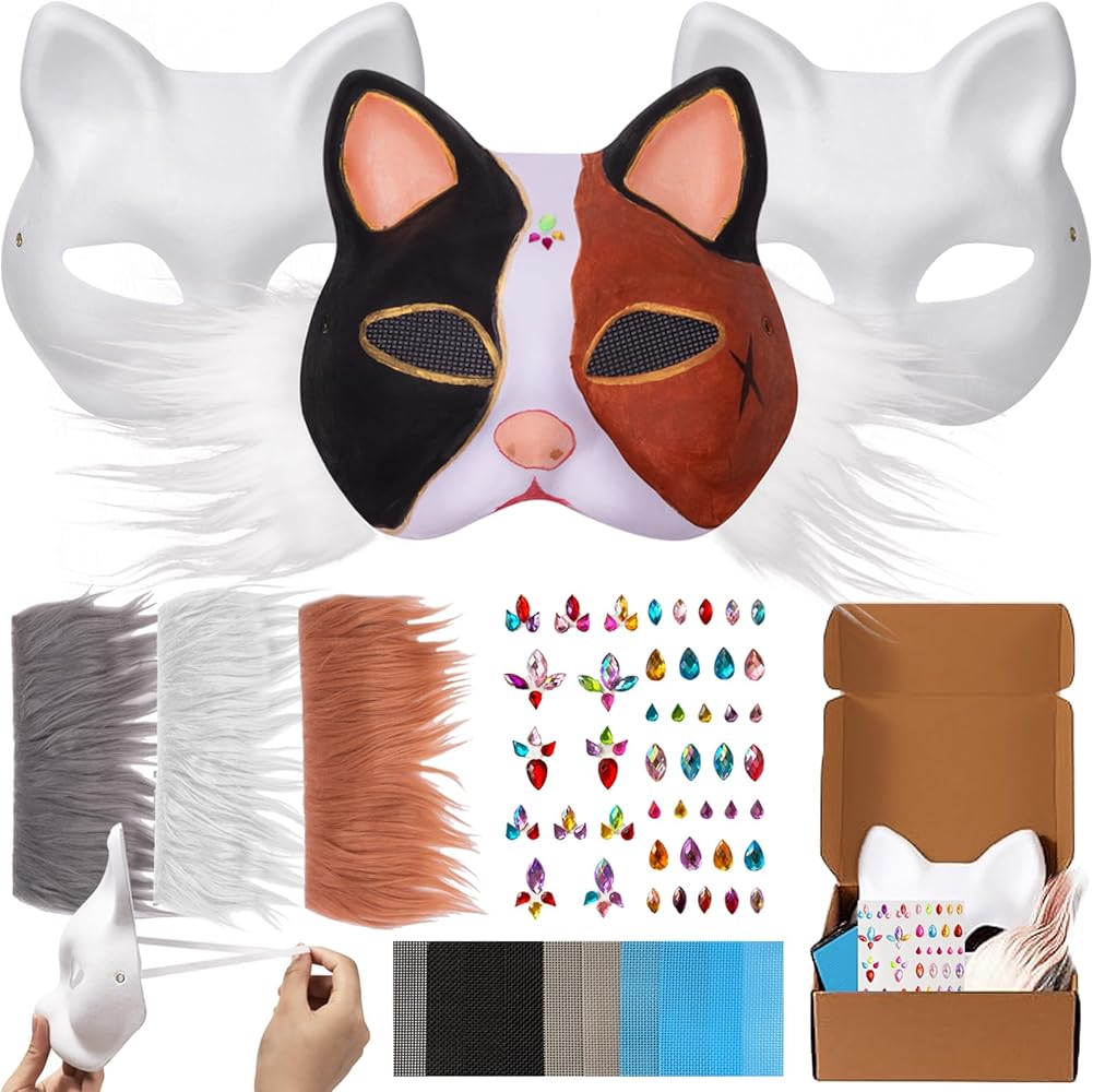 Cat Fox Mask 3PCS with Furs Eye Meshes and Gem Stickers, Therian Dress Up Masks to Paint, Animal Mask Arts Crafts Kit, Costume Masks for Halloween Masquerade Cosplay Party Interaction