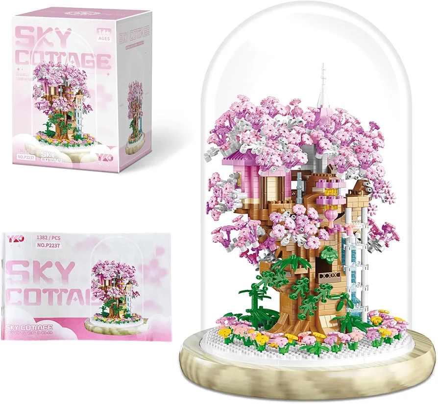 ARTIFYGIFT Cherry Blossom Bonsai Tree House Building Set for Adults, 1382 Pcs Micro-Particle Ideas Treehouse, Complete with Dust Cover and Wooden Base