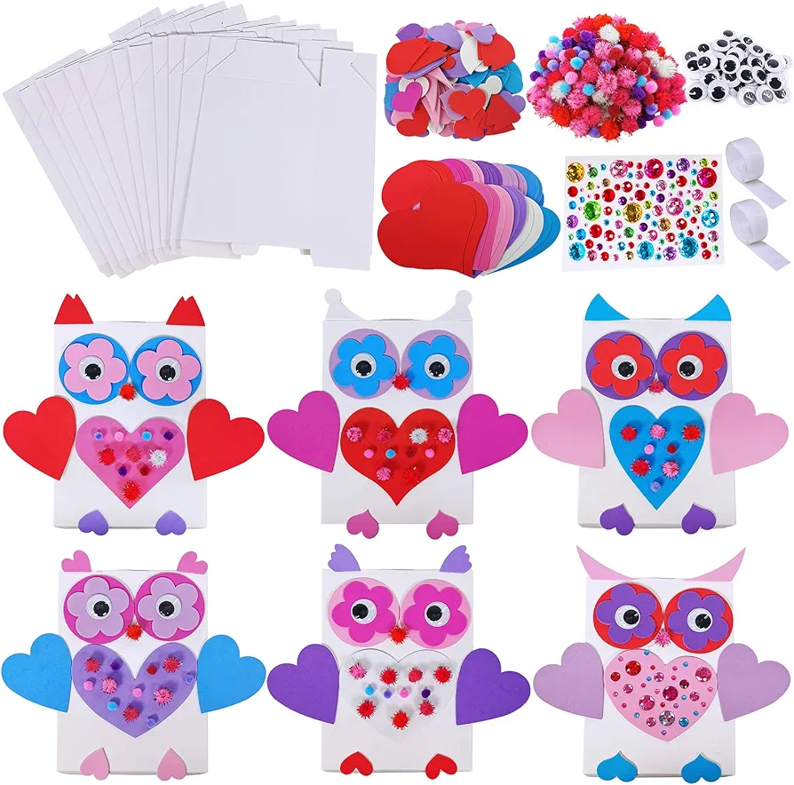 Winlyn 12 Sets Bulk Valentine's Day Boxes DIY Valentine Owl Mailboxes Cards Holder Boxes Craft Kits White Mailbox with Assorted Heart Cutouts Foam Stickers Pom-poms for Kids Classroom Exchange