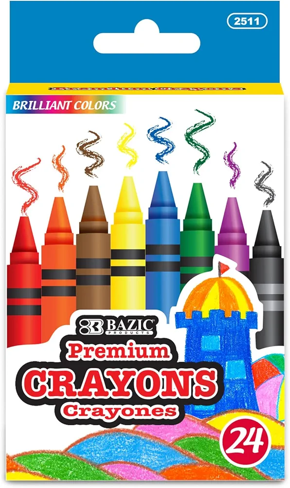 BAZIC Crayons 24 Color, Assorted Colors Coloring Crayon Set, Non Toxic Drawing Crayons for School Art, Gift for Kids Artist (24/Pack), 24-Packs