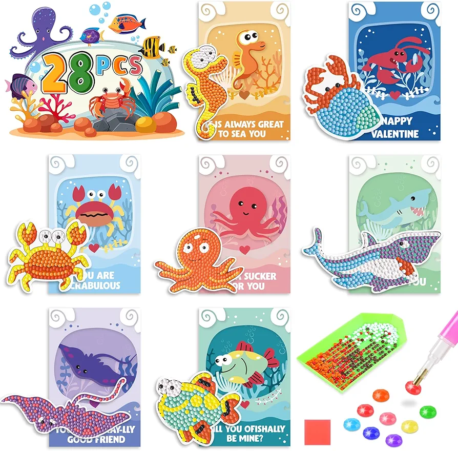 Erweicet Valentines Day Gift for Kids 28 PCS Ocean Animals Diamond Art Painting Kit with Valentines Gift Card for Kids Boys Girls Classroom School Gift Exchange