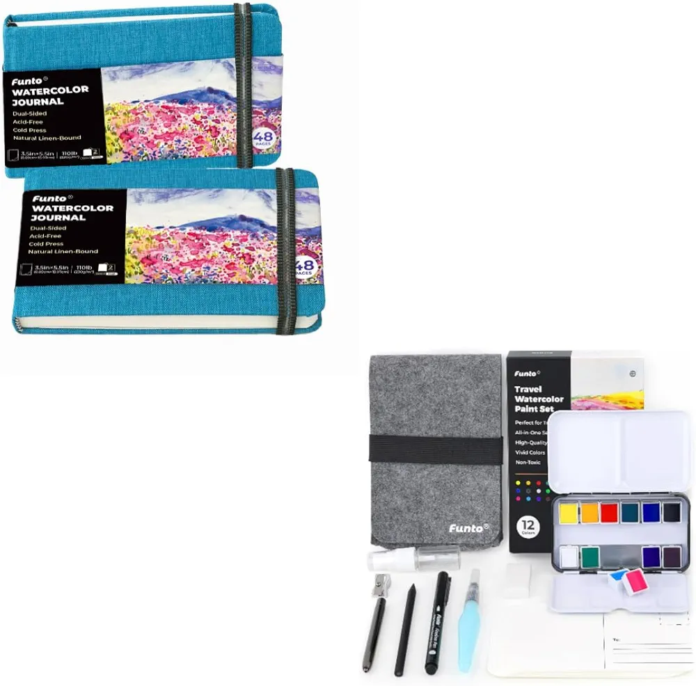 Funto Travel Watercolor Art Bundle, 12-Color Paint Set with 2-Pack Watercolor Journals, Premium Watercolor Postcards, Brushes, Fineliner, Pencil, and Storage Accessories