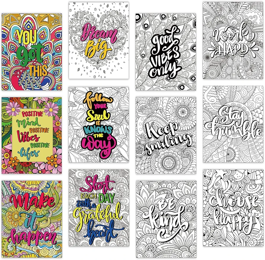 ZOIIWA 24 Pack Inspirational Positive Coloring Posters for Adults Teens Women Mandala Coloring Posters 11" x 8.6" Think Positive Coloring Book Party Decorations Art Craft Activity for Home Classroom