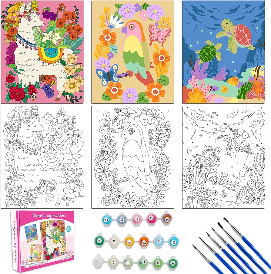 3 Pack Paint by Numbers Kit for Kids, 10*8"Color by Number for Kids Framed Canvas with 17 Acrylic Paint Pots and 6 Brushes, Paint by Numbers for Kids Age 8-12, Crafts Art Supplies for Kids 9-12