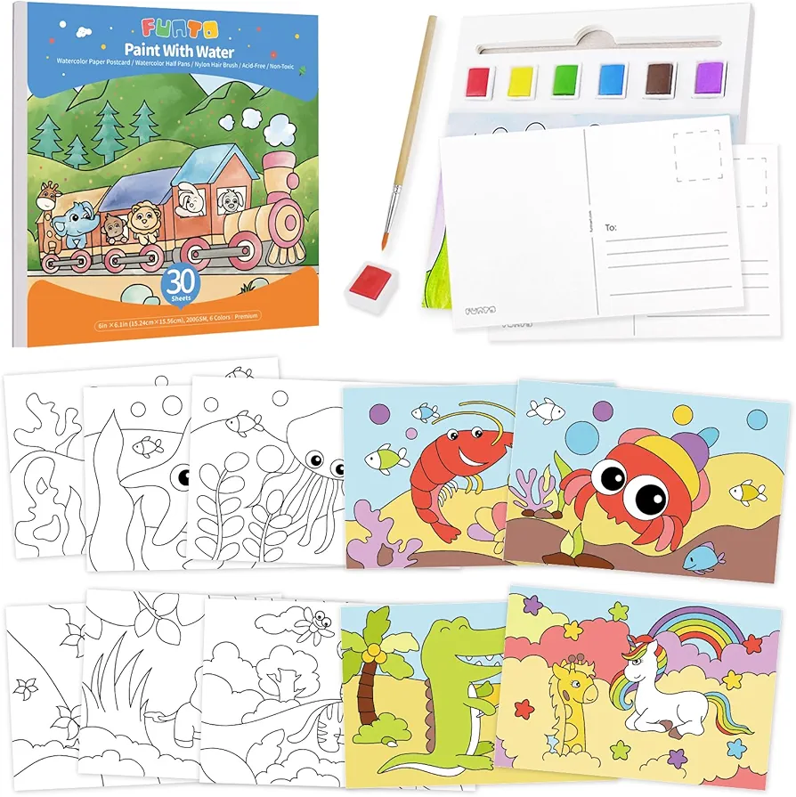 Funto Paint with Water Books, Paint and Postcards for Creative Kids with Embedded Watercolor Half Pans, Watercolor Coloring Books Postcards for Toddlers, Art Craft Gift for Kids
