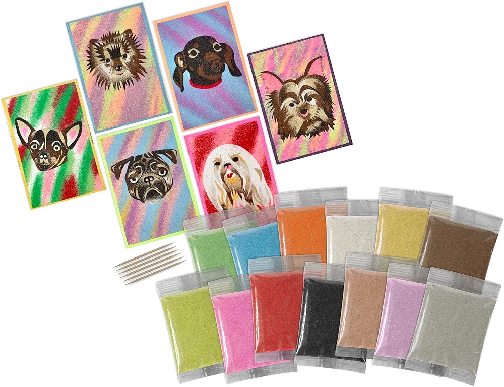 ACTIVA ArtiSands Dog Portraits Sand Art Board Kit, Makes 12 Designs | Includes 13 Colorfast Sand Colors, Wooden Picks