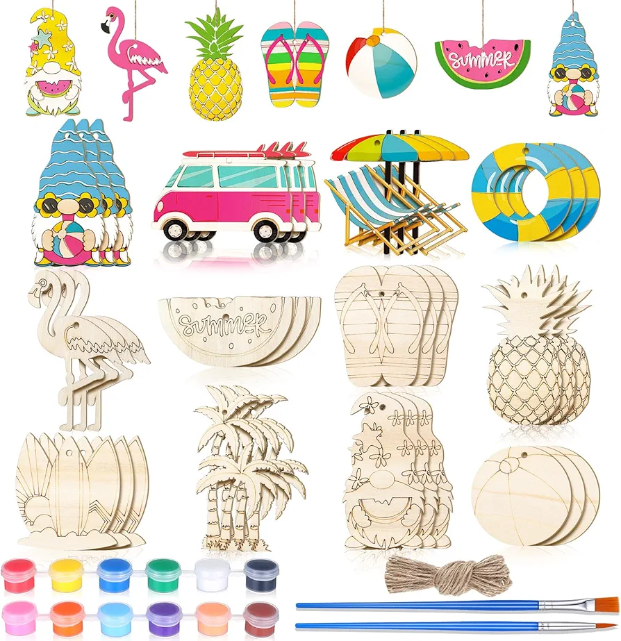 36 Pcs Summer Wood Cutouts Crafts for Kids, Hawaiian Blank Unfinished Wooden Shapes Slices, Tropical Beach DIY Crafts Paint Ornaments Hanging Embellishment for School Home Party Decors