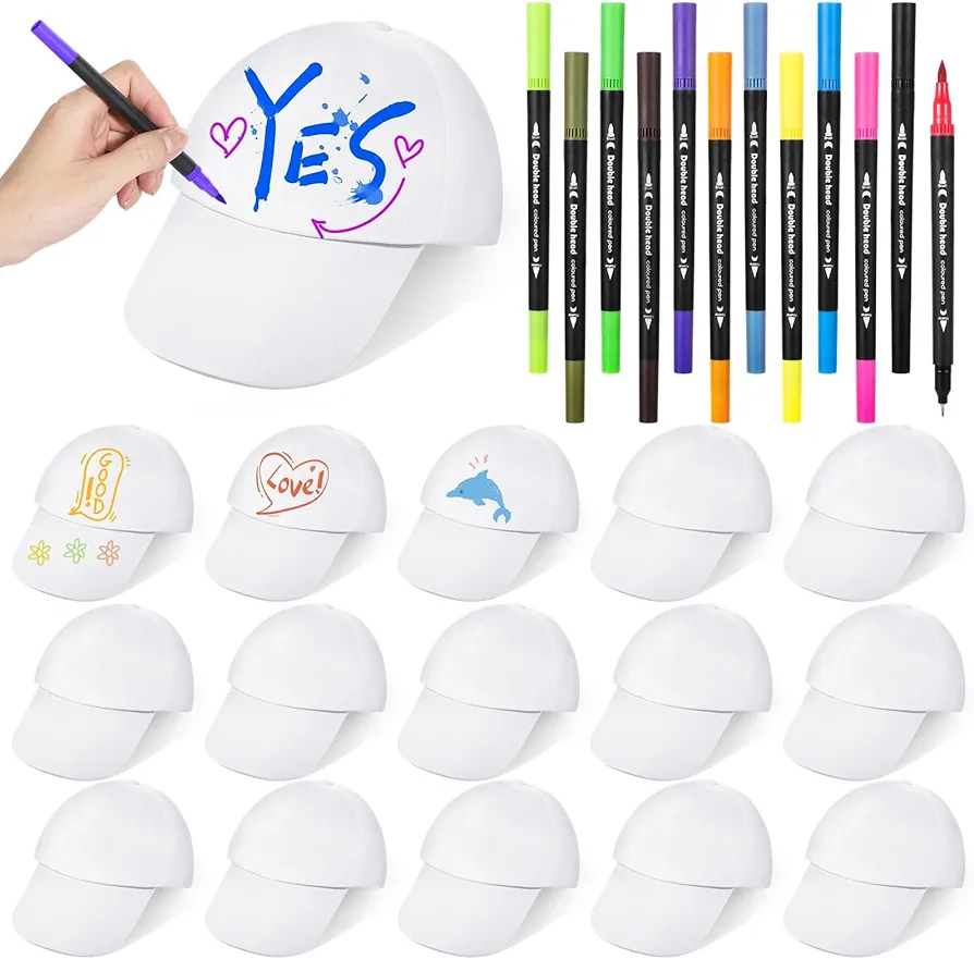 White DIY Hats Set, 16PCS Kids DIY Hats with 12 Colored Pens for Youth, DIY Painting Blank Baseball Hats, Creative Adjustable Baseball Cap Hat for Family Bond, DIY Parties, Crafts, Art