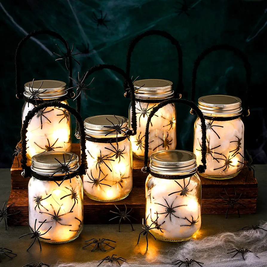 Teenyyou 6 Set Halloween DIY Lantern Jar Craft Kit Decor Glass Jar with Spider Webs Fake Spiders and LED String Lights for Adults Girls and Boys Halloween Party Supplies Gifts Art Garden Activities