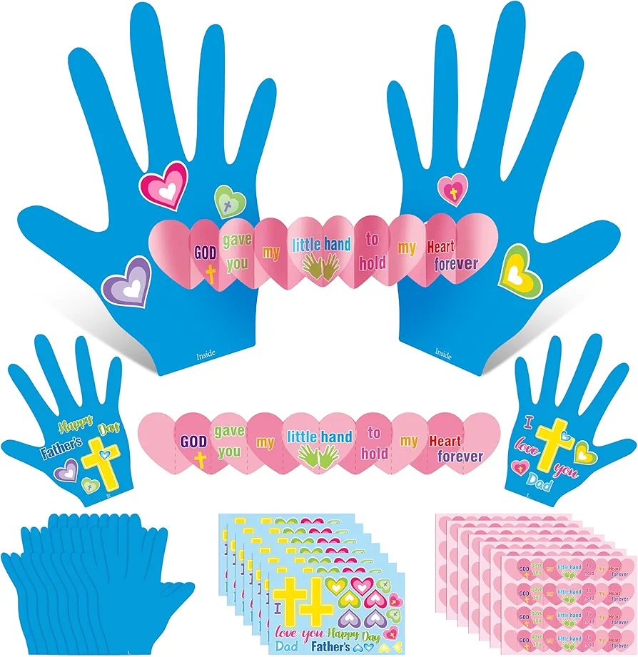 WATINC Thankful Handprint Craft kit - 28 Sets DIY Appreciate Crafts for Dad with Cross Heart Sticker, Making Grateful Blue Greeting Cards for Christian Sunday School Classroom Art Activities