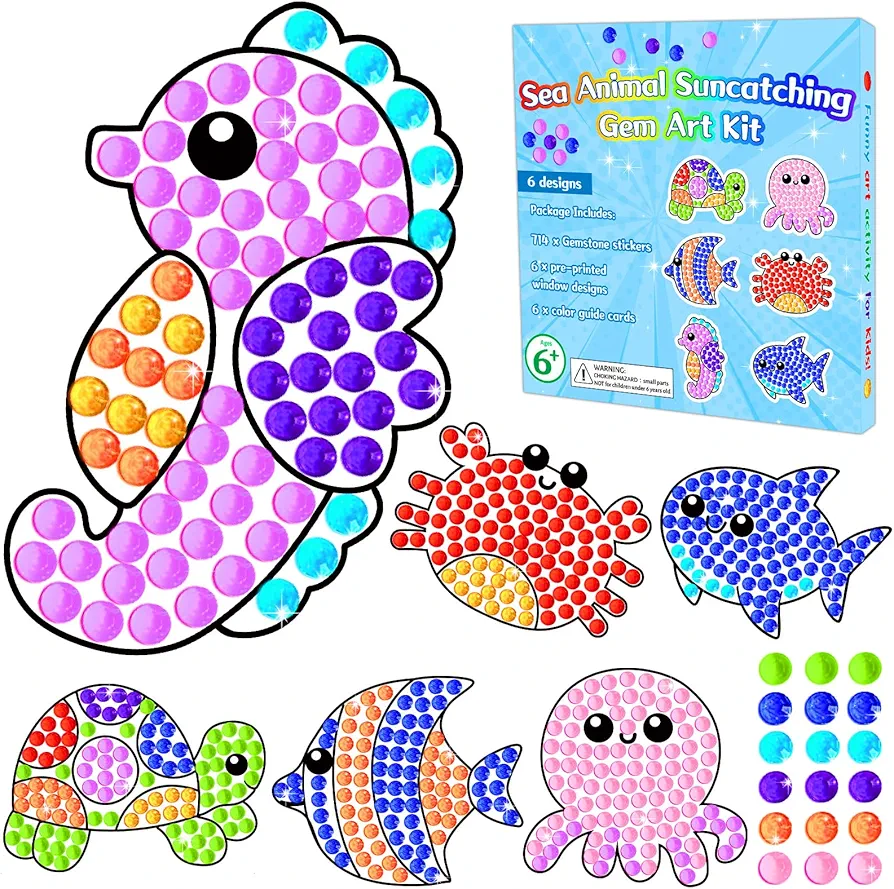 Qyeahkj 6pcs Summer Sea Animal Arts and Crafts, Under The Sea Art Crafts Suncatcher Kits for Children Teenagers Kids at 6-8, DIY Diamond Painting Kits for Girls at 4 5 10 12