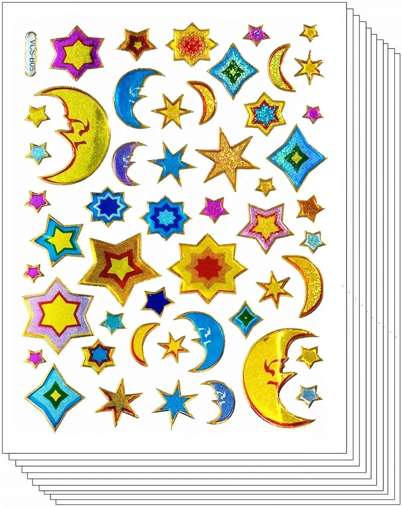 Stickers Glitter Pack 10 Sheets Label Night Stars Crescent Moon Beautiful Cartoon Stickers Craft Scrapbooking Diary Book Phone Photo Album Decorations Supplies Art Decal for Teachers Students (07)