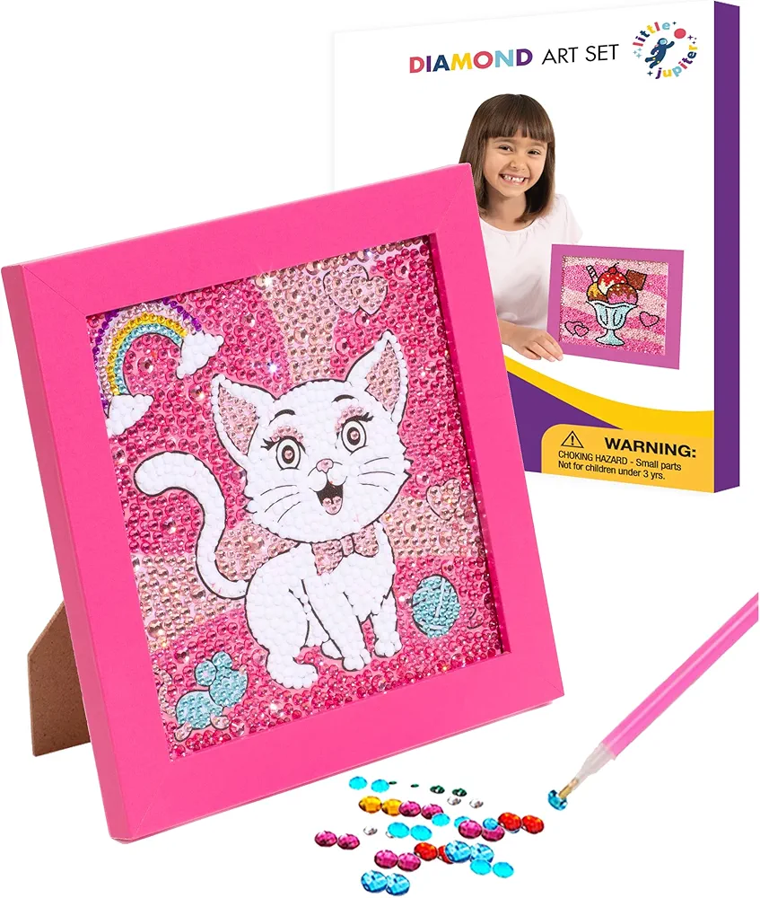 Little Jupiter Diamond Art Kits for Kids w/ 7 1/8" x 7 1/8" Frame - Kids Diamond Art - Kids Diamond Art Kits - Kids Diamond Art Kits - Diamond Art Kit for Kids - Gem Art Kit - Cat with Pink Frame