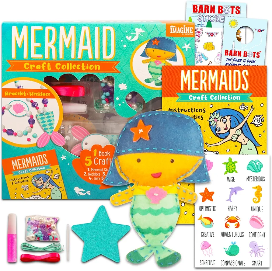 Mermaid DIY Crafts Collection for Girls 6-8 - Craft Kit Bundle with 5 Sewing, Jewelry, Art Activities plus Coloring Book, Barn Bots Stickers and Door Hanger | Mermaid Arts and Crafts Projects for Kids
