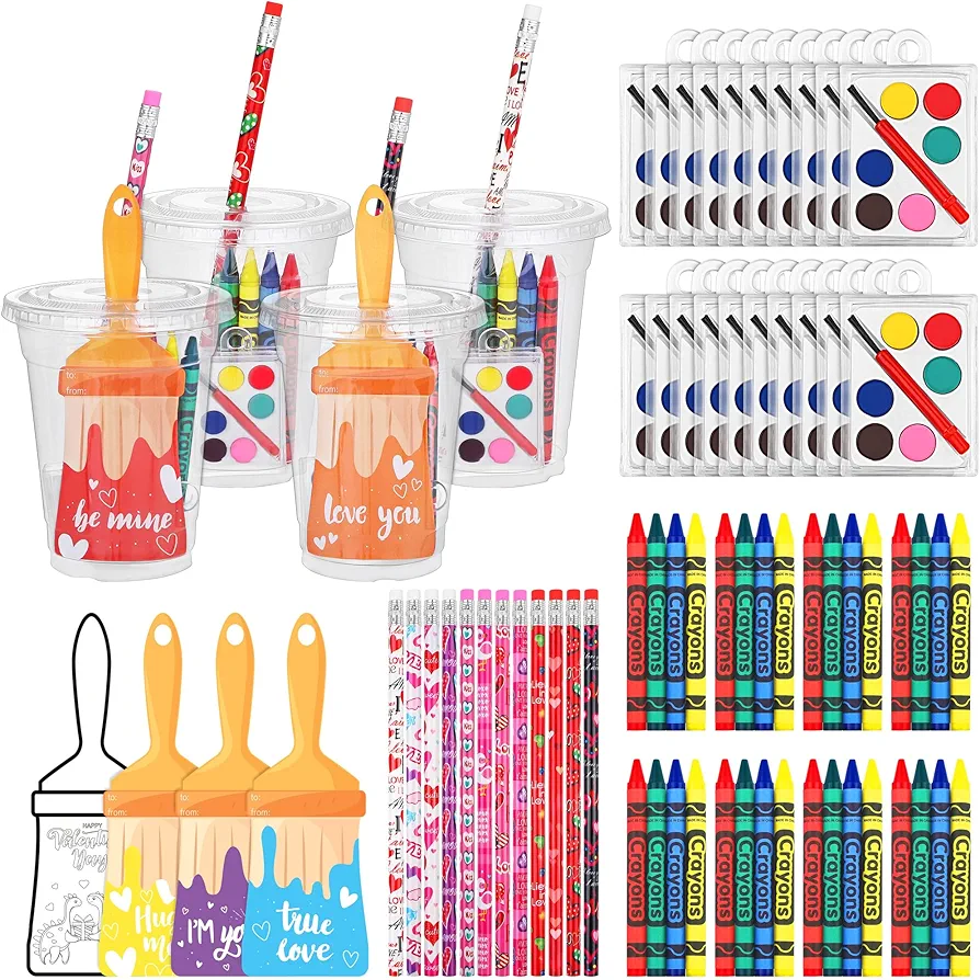 HOBBY HORSE 24 Set Valentines Day Cards Mini Watercolor Paint Bulk with Cups Crayons Pencils Funny Valentine's Day Gifts Crafts for Kids School Classroom Boys Girls Exchanged Gift Art Party Favor