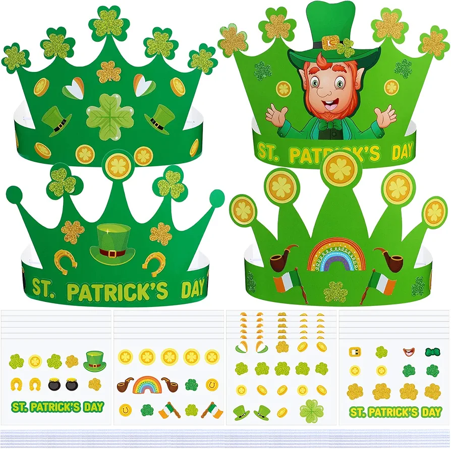 24 Set St. Patrick's Day Crown Crafts Kit Shamrock Crown Clover DIY Tiara for Irish Saint Patrick Party Favors Supplies Leprechaun Hat Green Gold Coins Pot Stickers