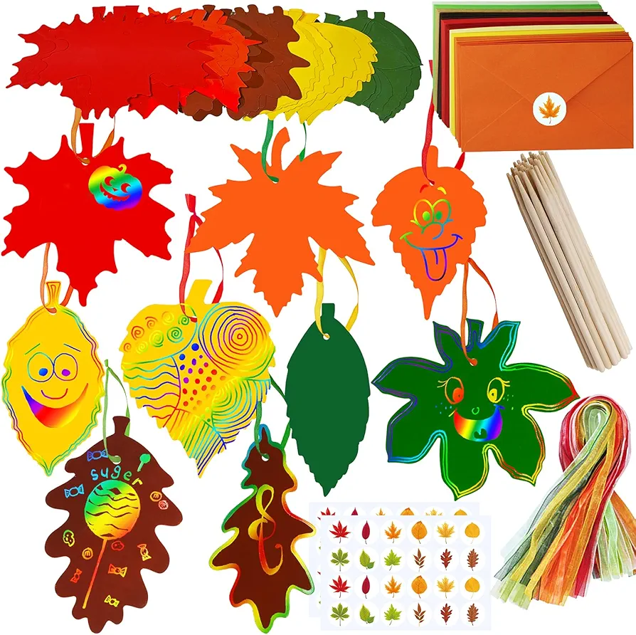 Supla 45 Sets Colorful Magic Color Scratch Fall Leaves Fall Craft Supplies Scratch Ornaments Art Paper in Assorted Maple Oak Leaves Cutouts for Kids Fall Autumn Halloween Thanksgiving Craft