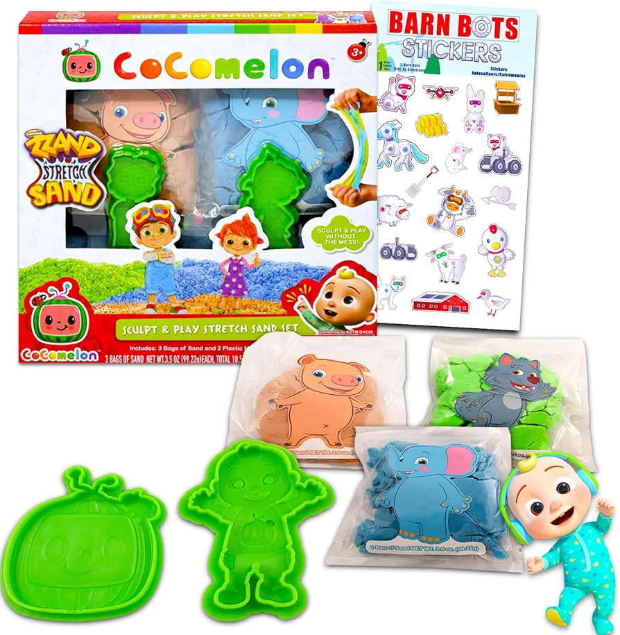 Screen Legends Cocomelon Sand Set for Kids - Bundle with Cocomelon Sculpt & Play Stretch Sant Set with Molds and 3 Bags of Sand, Plus Stickers for Kids, Boys, Girls | Sand Set for Kids