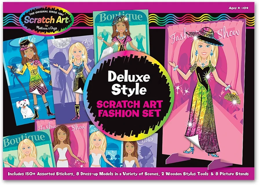 Melissa & Doug Deluxe Style Scratch Art Fashion Set- 150+ Stickers, 8 Dress-Up Models