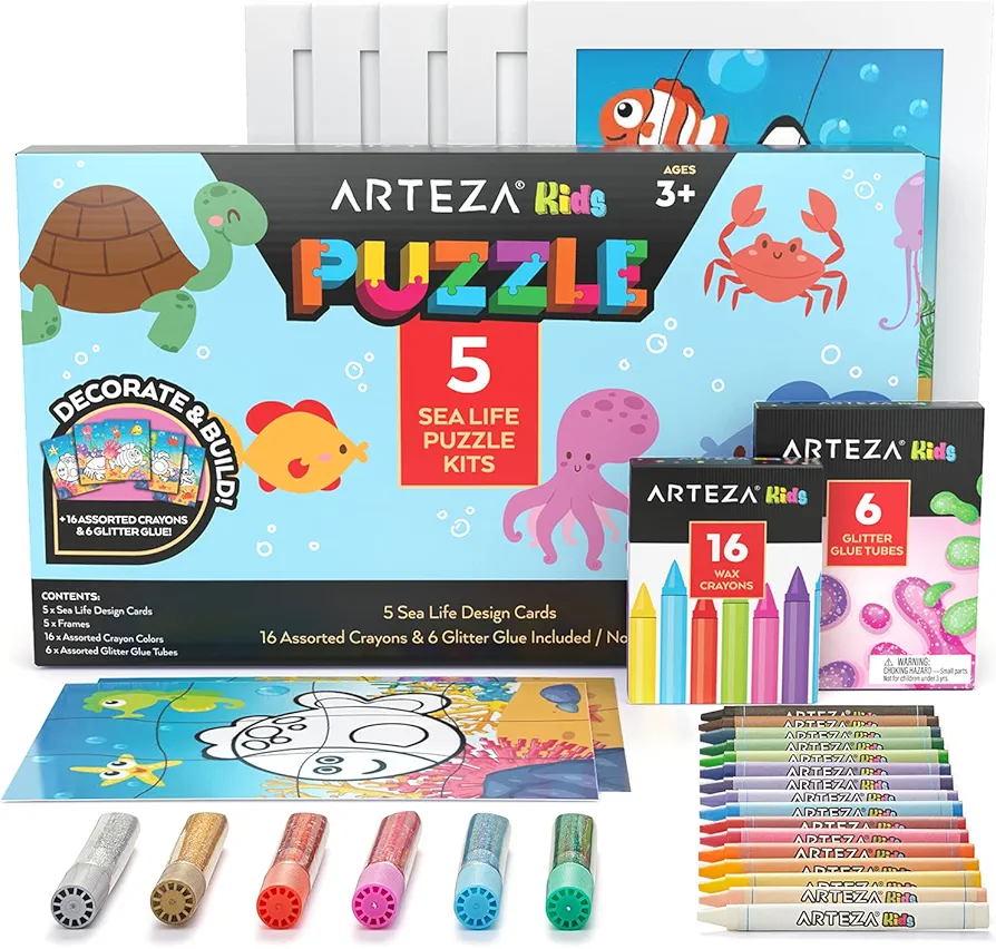 Arteza Kids Coloring Puzzle Kit, 5 Sea Life Puzzles, 16 Crayons, 6 Tubes of Glitter Glue, 5 Frames, DIY and Screen-Free Kids’ Activities, Craft and Art Supplies for Ages 3 and Up