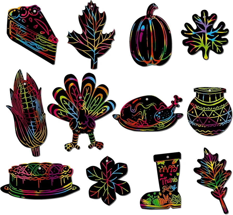 SICOHOME Thanksgiving Scratch Paper for Kids,24PCS Fall Rainbow Color Scratch Magic Scratch Off Paper Hanging Ornaments Decorations Art Craft Supplies for Thanksgiving Party Home Classroom Decor