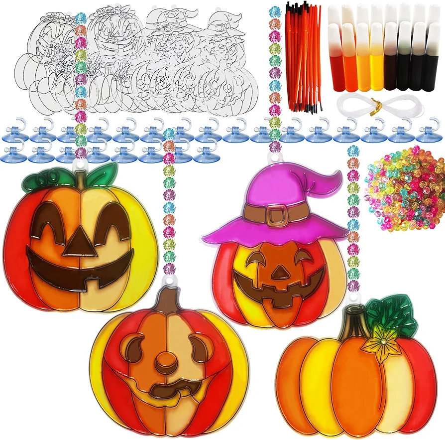 Ayhuhra Halloween Pumpkin Suncatchers 24 Sets Halloween Pumpkin Painting Crafts DIY Window Art Suncatcher Paint Arts and Crafts for Kids Classroom Activities Fall Halloween Craft Project