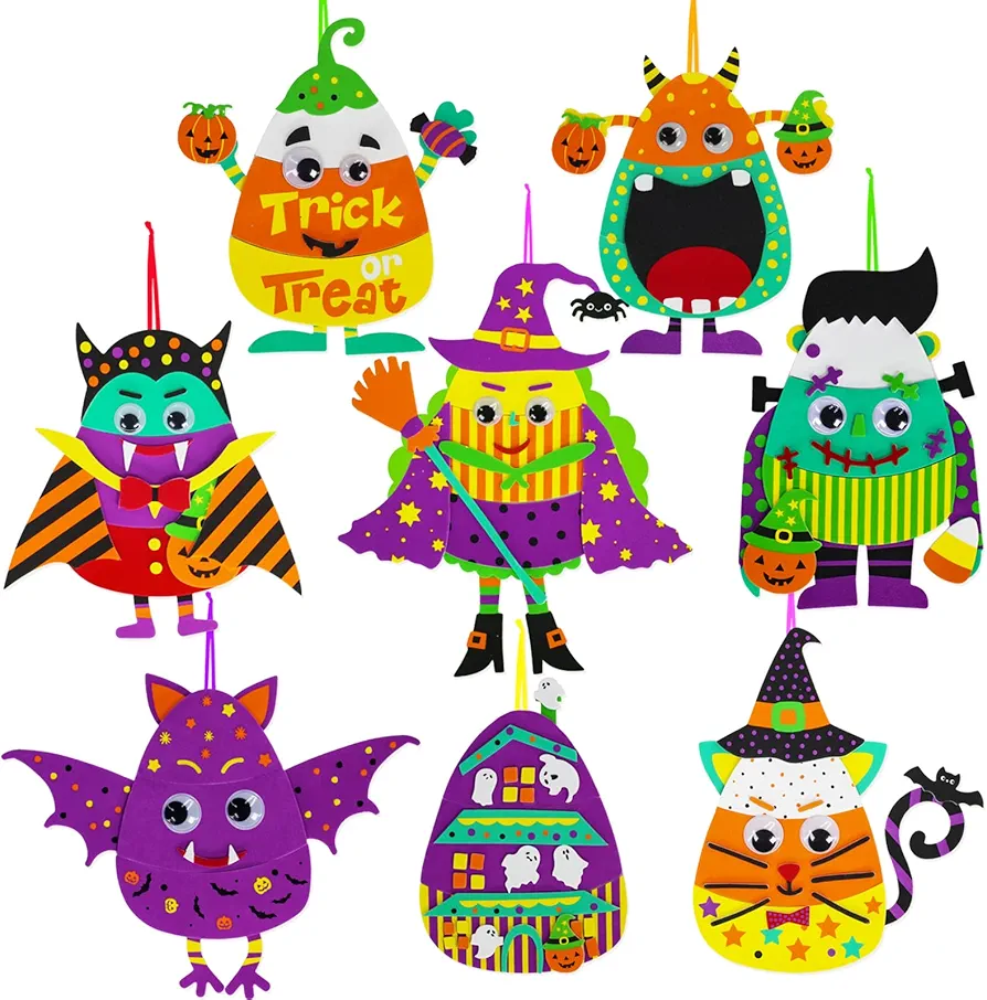 Winlyn 24 Sets Halloween Crafts Kits Fall Crafts DIY Halloween Ornaments Decorations Art Sets Pumpkin Monster Jack-o'-lantern Foam Stickers Arts and Crafts Googly Eyes for Kids Classroom Activities