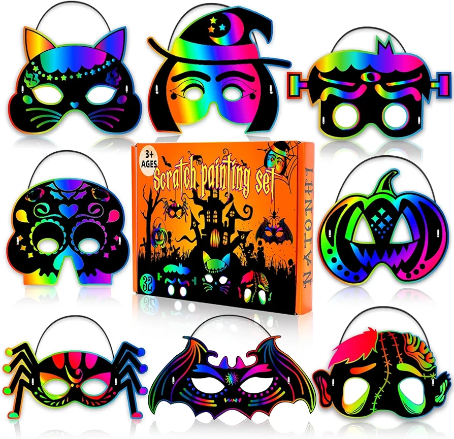 Natonhi 32Pcs Halloween Crafts for Kids Rainbow Scratch Mask, Halloween Scratch Art and Craft Kit Halloween Classroom Activities Favors Halloween Games Party Supplies