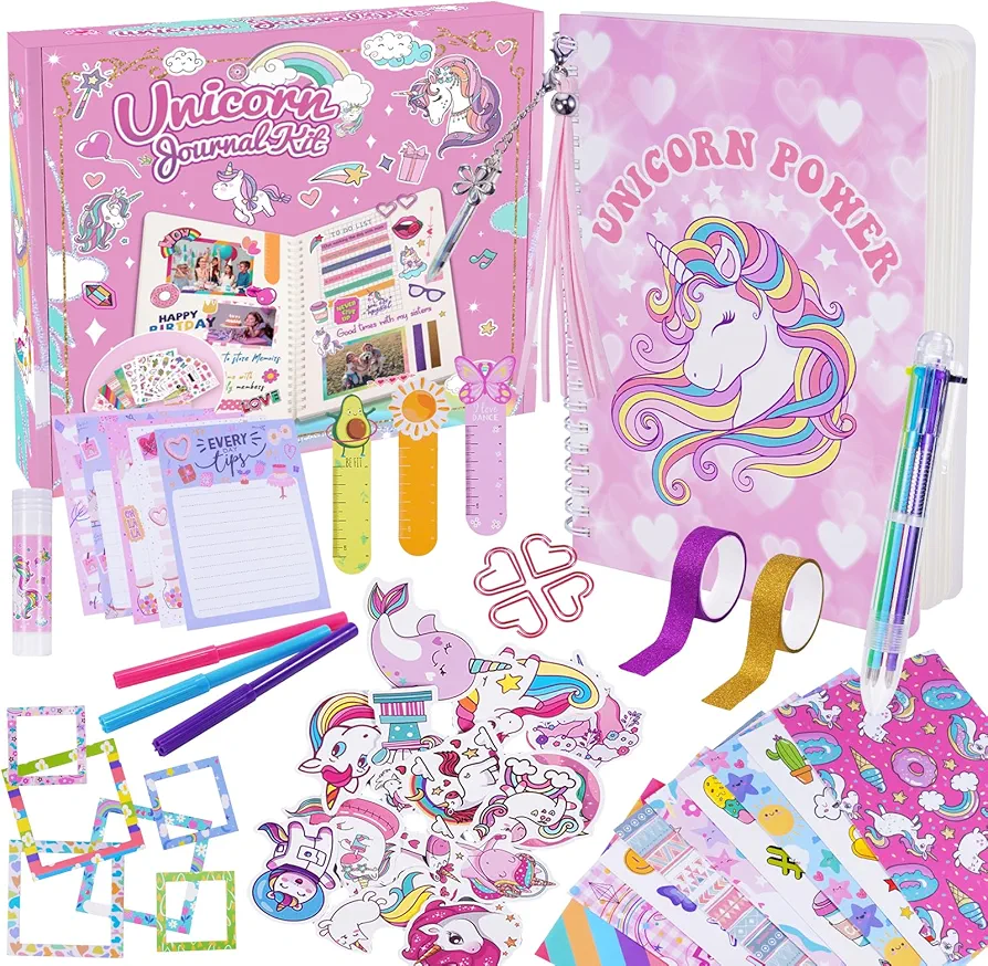 STRAWBETTER 93Pcs Unicorn DIY Journal Kit Gifts for Girls Ages 8-14: Diary Scrapbook Set for 8-10 10-12 12-14 Year Old Teen Girl Birthday Gift Ideas Arts and Craft Supplies Toys for Girls