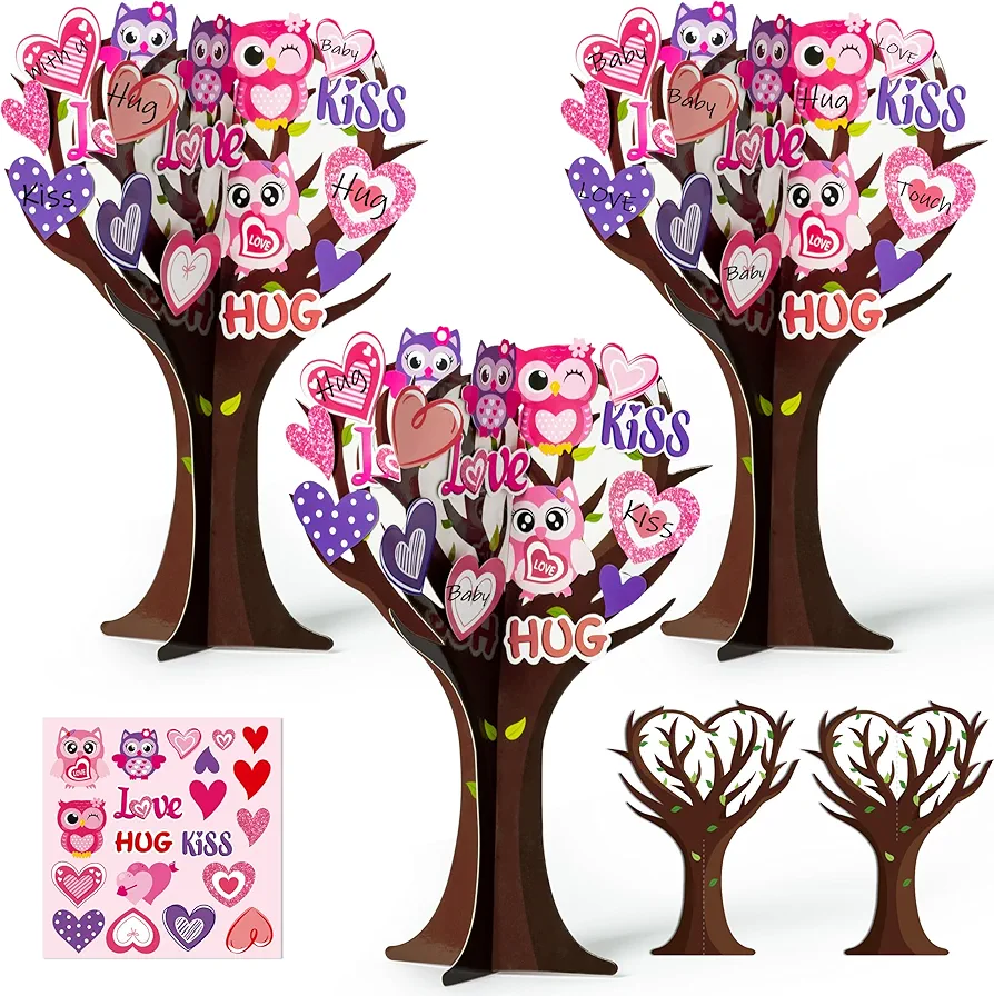 BeYumi 16Pcs Valentine’s Day Heart Trees Craft Kit for Kids Make Your own Valentine Owl Heart Trees Decorations DIY Valentine’s Day Crafts Set Holiday School Classroom Home Party Fun Activities Decor
