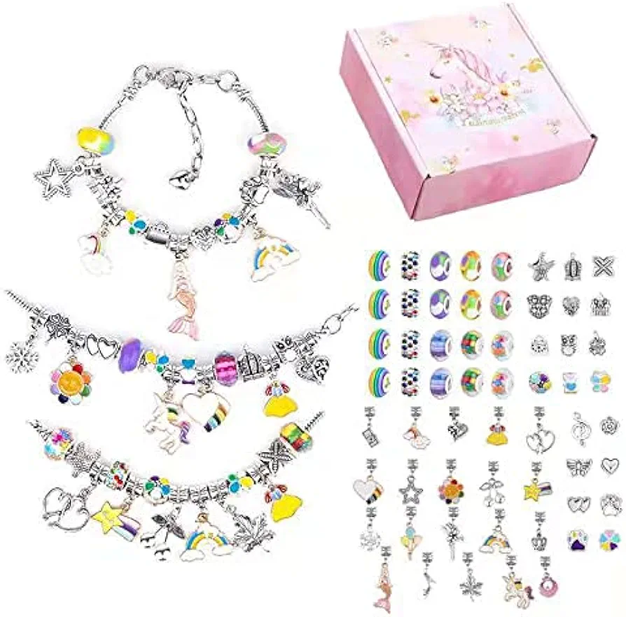 OceanWings 63PC Charm Bracelet DIY Making Kit,Jewelry Making Supplies Beads for Teen Girls 4-12,Colorful Creativity Imagination Craft Toys Gifts Set with a Gift Box Easter Gift (Colorful Series)