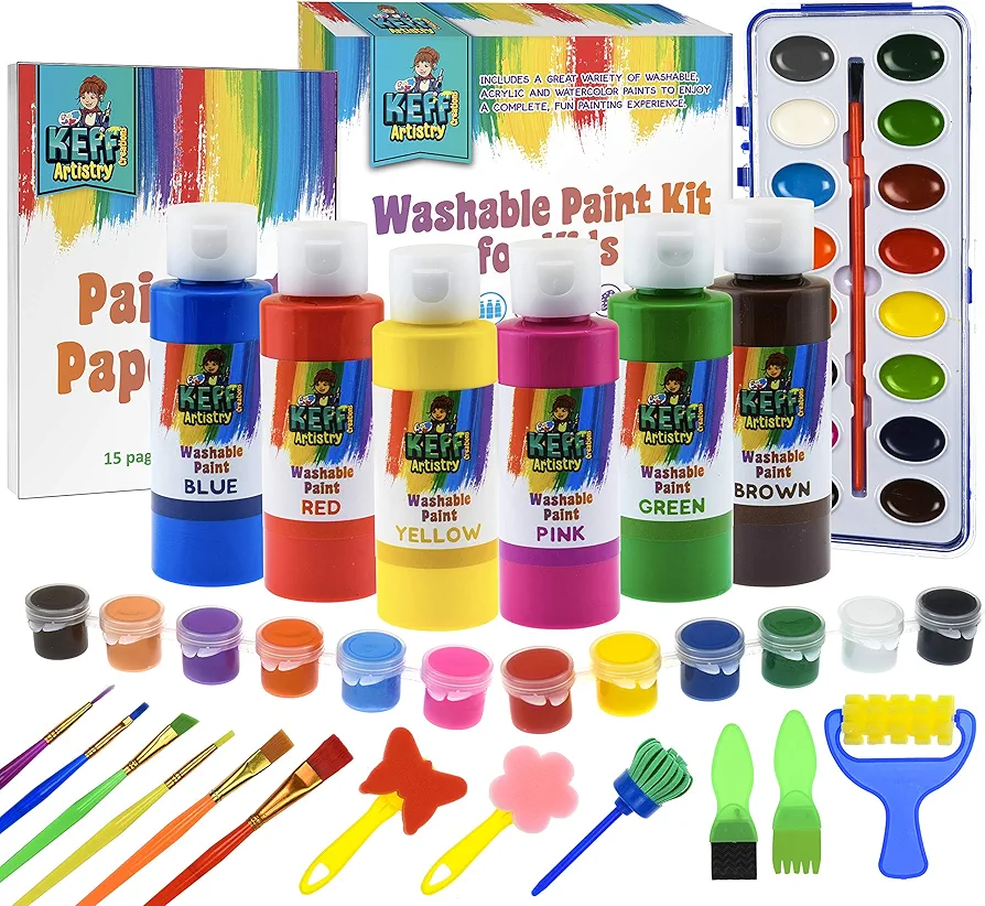 KEFF Kids and Toddler Paint Set - Washable Tempera Finger Painting Set with Non Toxic Watercolor, Acrylic Pots, Sponges & More Art and Crafts Supplies