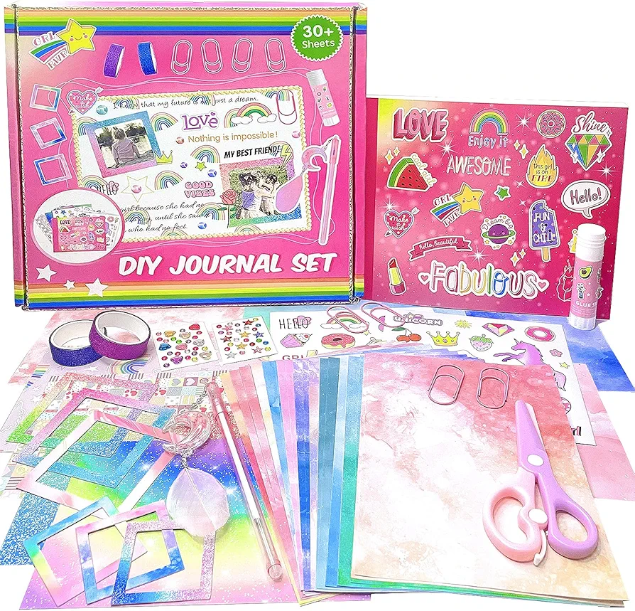 DIY Journal Kit for Girls - Birthday Gift Idea for Teen Girls Ages 8 9 10 11 12 13 14 Years Old - Cute Stationery Set for Scrapbooking Supplies, Journaling, Diary Writing, and Art Crafts (Pink)