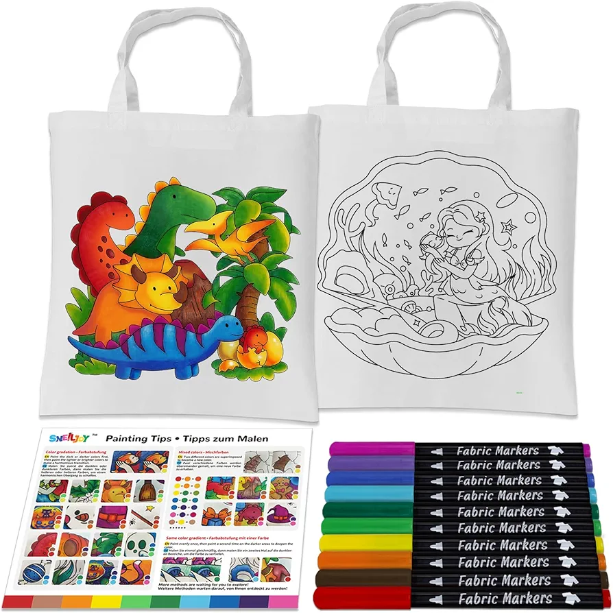Canvas Tote Bags for Painting Set, Canvas Bags for Crafts, Includes 2 PCS Blank Canvas Bags (15×16.5 in) and 10 PCS Fabric Markers, Ideal for Sleepover Party and Birthday Gifts. (YC73001)