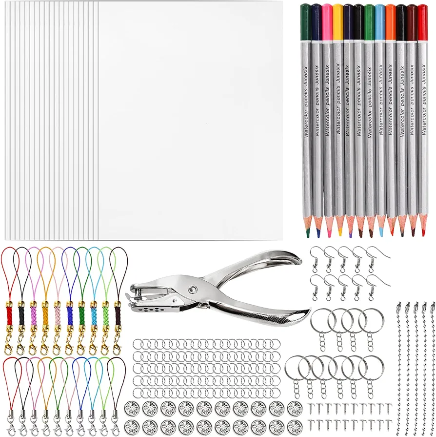 Goaste 198 Pieces Shrink Plastic Sheet Kit, Shrink Art Kit Include 20PCS Shrink Film Paper, Hole Punch, 12 Colored Pencils, 165 Keychains Accessories for Kids Creative Craft, DIY Ornaments Craft