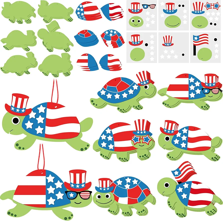 24 Sets 4th of July Patriotic Turtle Ornaments Craft Kits for Kids DIY Scarecrow Pumpkin Nativity Ornaments Craft Kit Holiday Cutouts for Thanksgiving Christmas Classroom Activities(Turtle)