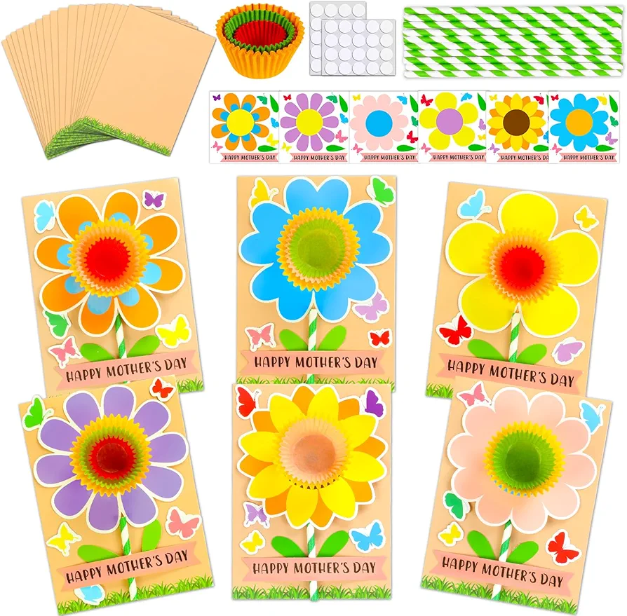 CHUNNIN 24 Sets Mother's Day Flower Card Craft Kit for Kids DIY Mother's Day Flowers Greeting Cards Happy Mother's Day Gifts Craft for Spring Mother's Day Flowers Craft Home Classroom Art Activities