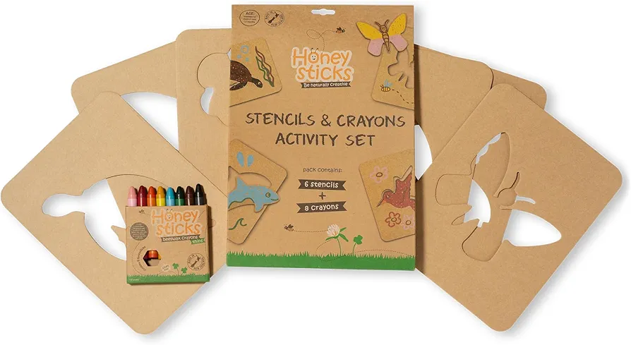 Honeysticks Kids Activity Set - 6 Large Stencils for Kids Plus Jumbo Non-Toxic Beeswax Crayons (8pk), Perfect First Stencils for Toddler/Preschool Art, Drawing and Coloring, Ideal Gifts for Kids 3-5