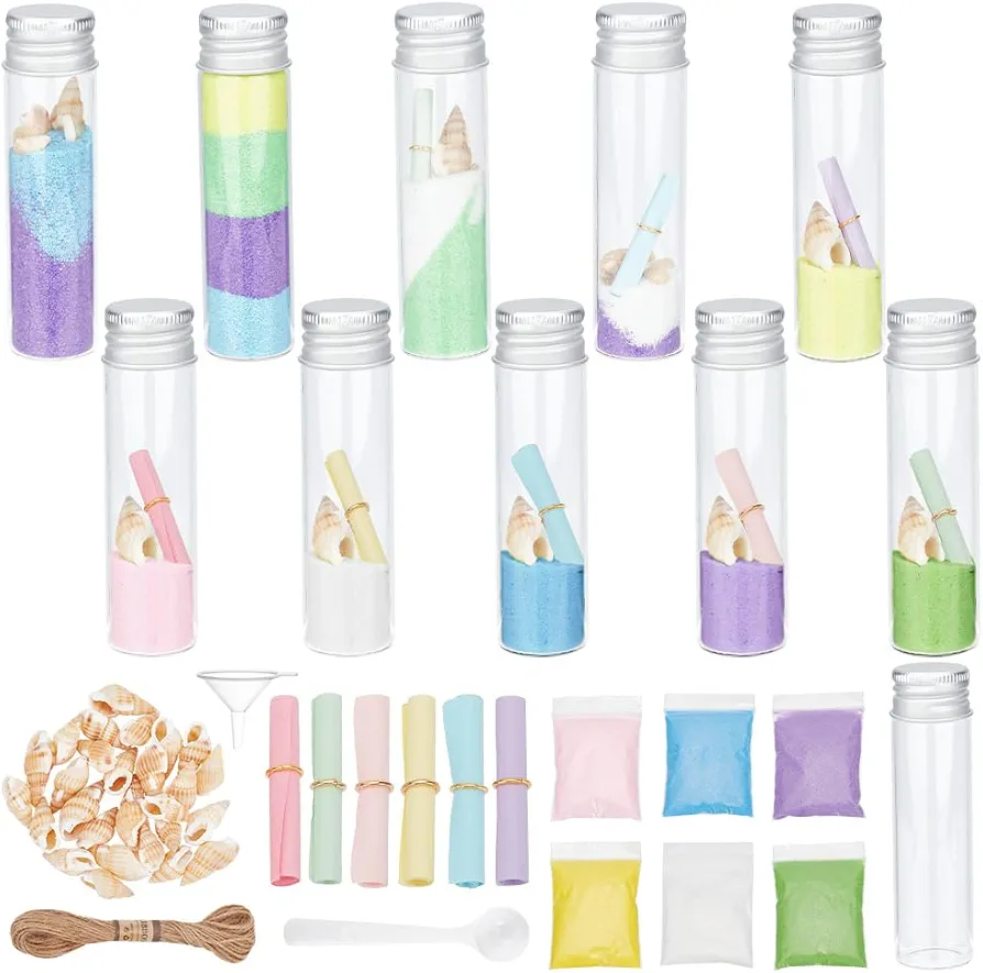WEBEEDY 16 Set DIY Long Size Colored Sand Bottle Kit Sand Art Activity Kit Create Your Own Sand Craft Set Included 16 Wishing Bottles for Party Favors Storage Accessories