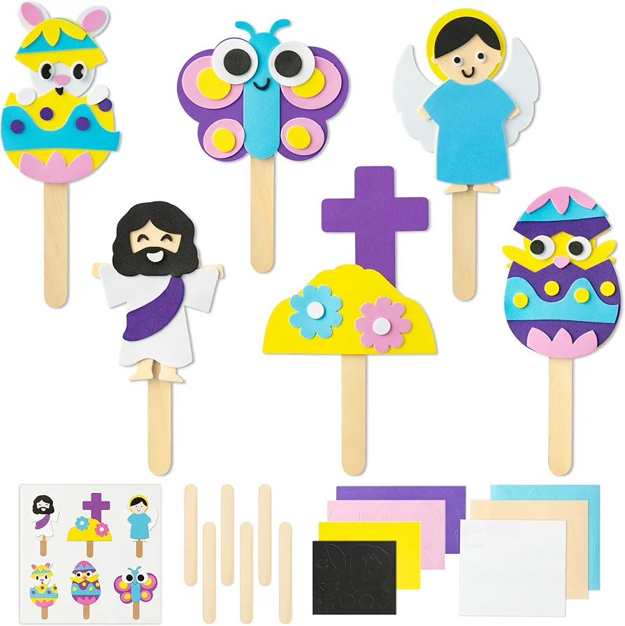WATINC Popstick Puppet Craft Kits - Set of 6 Ice-Cream Stick Puppets Foam Craft Kits for Kids, DIY Story Time Toys Art Projects Crafts Birthday Holiday Gift for Preschool Beginners