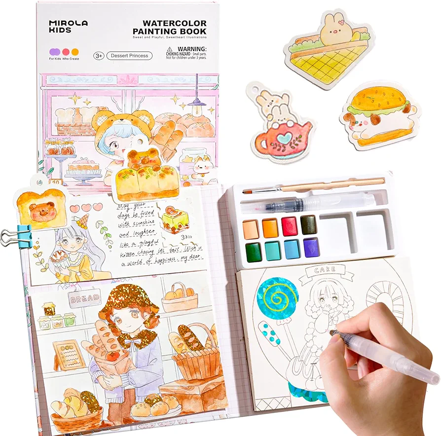MIROLA KIDS 8 Colors Watercolor Painting Pad for Kids, Pocket Paint with Water Book Set, Paint, Brush, Glittery Paper, 30 Sheets Arts and Crafts for Girls Boys 4-8