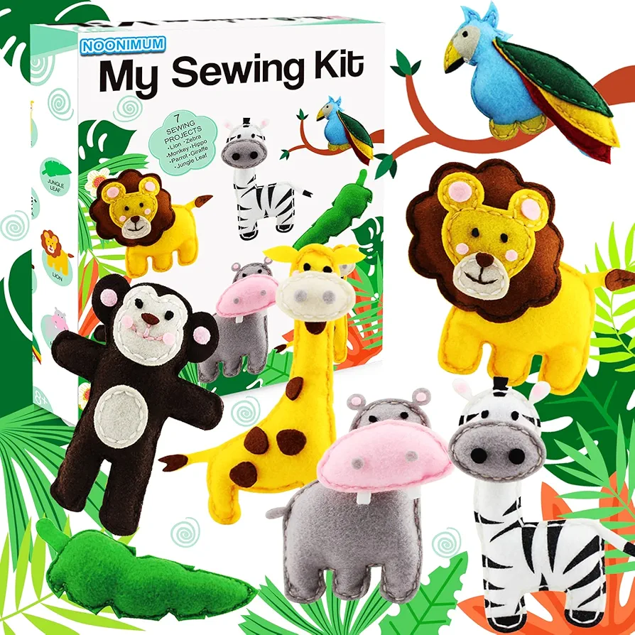 noonimum Craft Sewing Kit for Teens, Learn to Make Your Own Woodland Felt Animals First Sew Kit Beginner DIY Arts Set, Plush Craft Easy Sewing Stuffed Animals for Kids Girls Boys, Set of 7