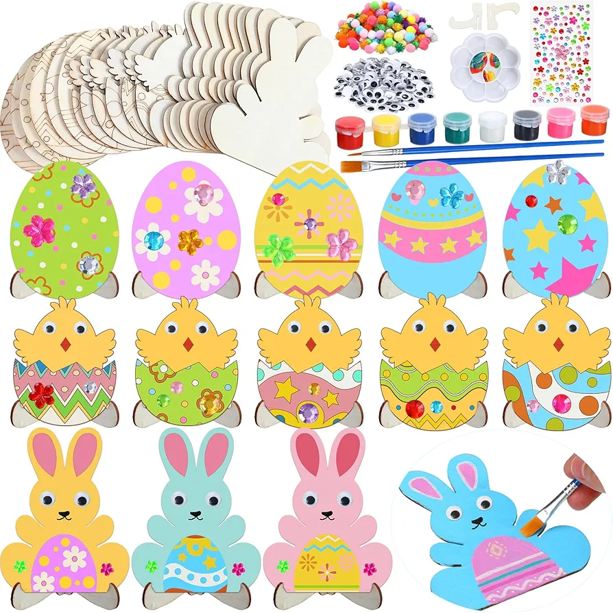 48 Sets Wooden Easter Craft Kit for Kids Make Your Own Easter Egg Bunny Chick Ornaments DIY Easter Art and Crafts Painting Kits for Kids Boys Girls Easter Party Favors Gifts Classroom Prizes