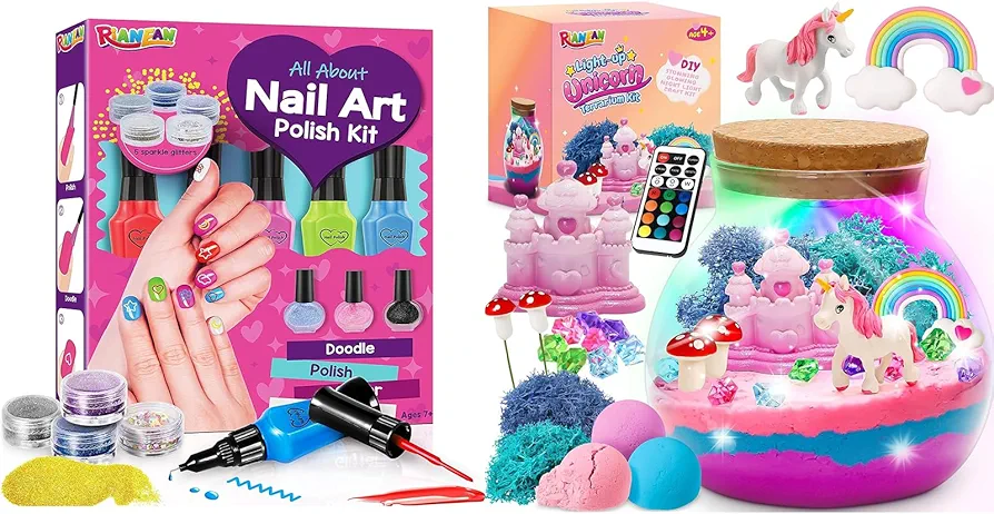Birthday Gifts for Girls Age 5 6 7 8 9 10, Light-up Unicorn Terrarium Kit & Nail Art Kit Toys, DIY Unicorn Arts & Crafts Kit & Nail Art Studio for Kids Age 8-12, Christmas Gifts for Little Girls